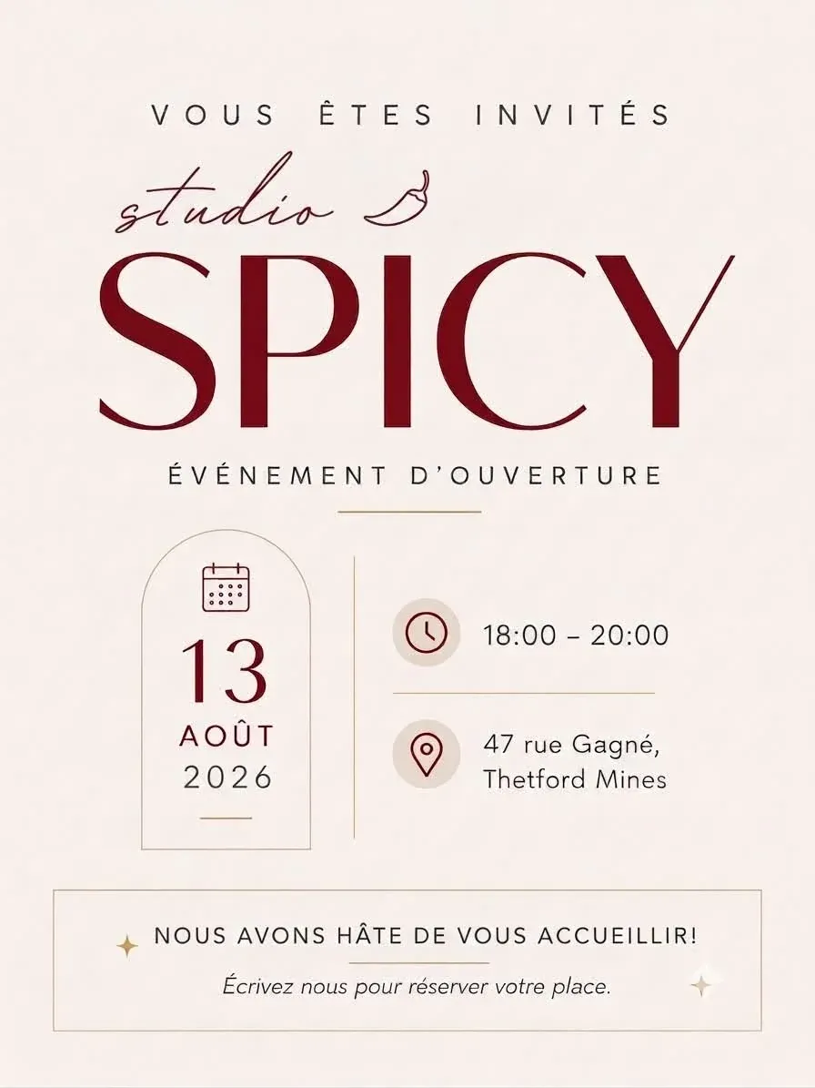 Affiche de l’événement d’ouverture du 13 août 2026 au 47 rue Gagné, publiée par Studio Spicy.